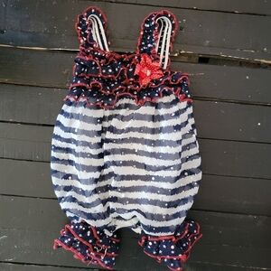 Little Lass Baby Girl 3 Months 4th of July Bubble Romper Blue White Stripes Red